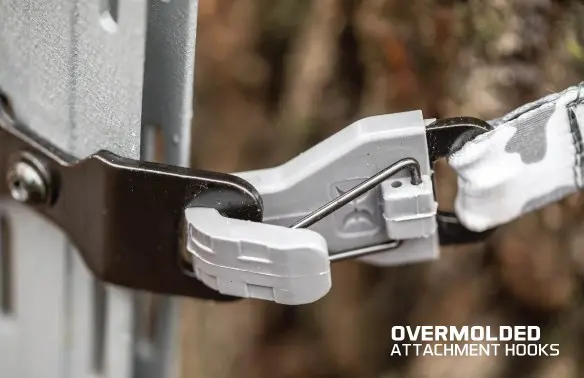 Close-up of overmolded attachment hooks connecting a strap to a metal structure. The scene conveys sturdiness and reliability, emphasizing secure fastening.
