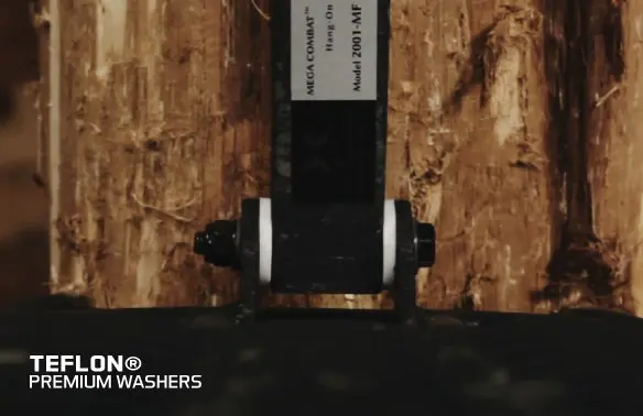 Close-up of a black object with white Teflon washers, set against a textured wooden background. The text "Teflon® Premium Washers" is visible, conveying durability.