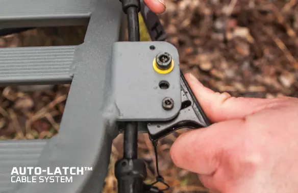 Close-up of a hand adjusting the Auto-Latch cable system on a metal structure. The hand holds a black lever next to a grey panel with screws.